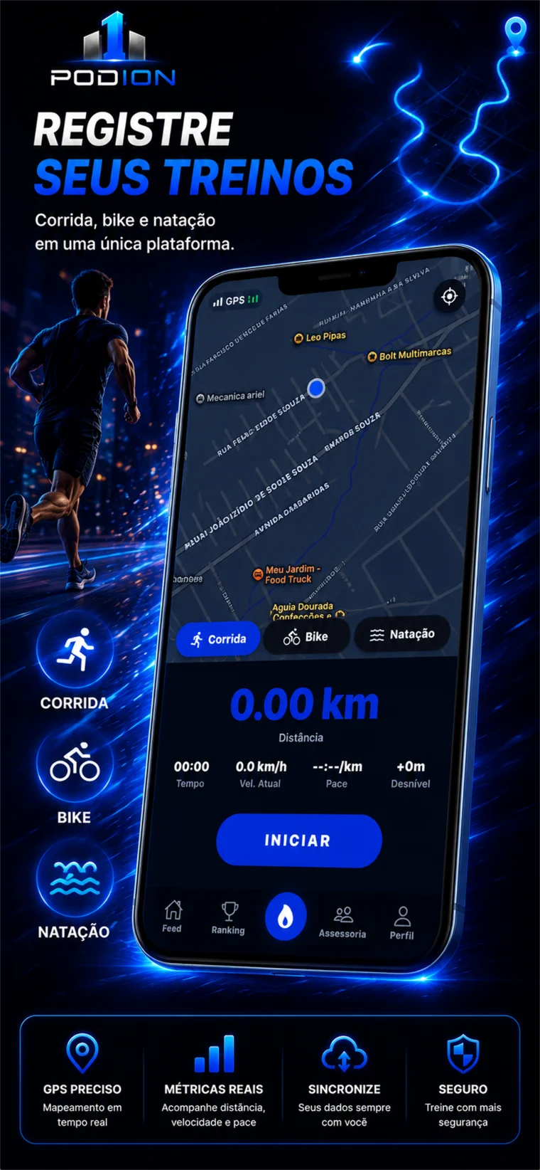 Tela de gravação por GPS do Podion, com mapa, seleção de modalidade e estatísticas da corrida
