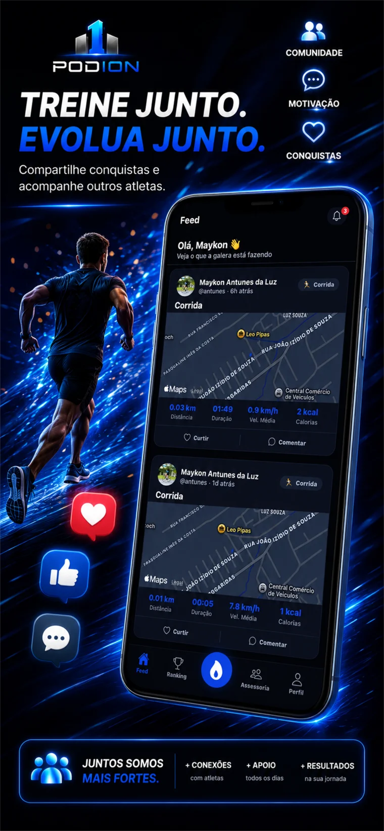 Feed social do Podion mostrando atividades de outros atletas com mapa e métricas